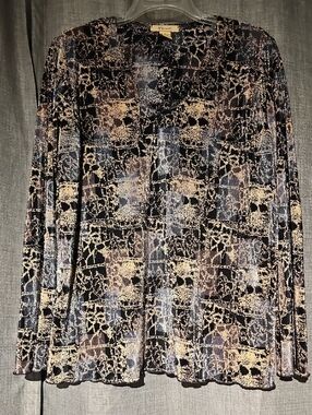 Plissé Blouse Earth Mosaic Pattern V Neck Ribbed Long Sleeve Size Large